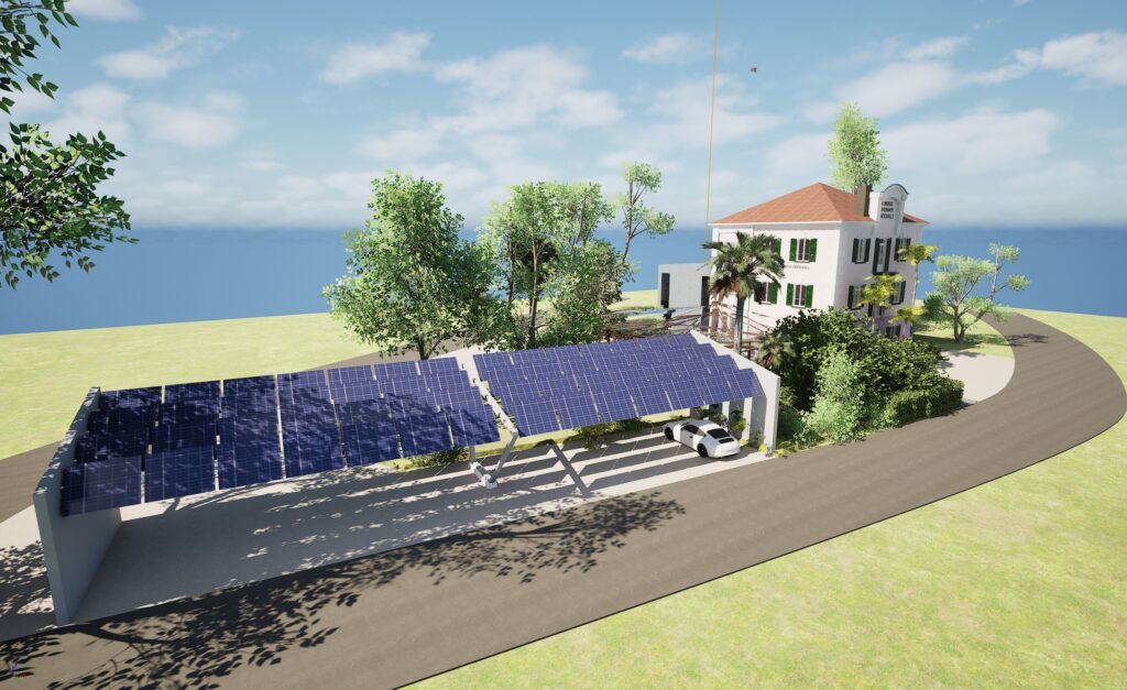 3D-Visualisierung eines Außenbereichs mit überdachtem Parkplatz und Solaranlage – nachhaltige Gestaltung für Energieeffizienz.