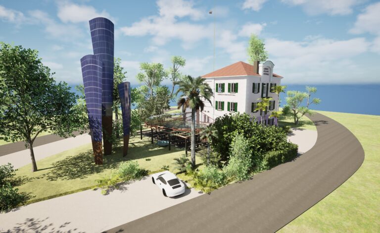 3D-Rendering eines nachhaltigen Außenbereichs mit innovativen Solartürmen und Begrünung für eine energieeffiziente Gestaltung
